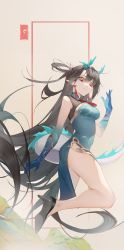Rule 34 | 1girl, absurdres, arknights, bare legs, black footwear, black hair, blue dress, blue skin, breasts, closed mouth, colored skin, dragon girl, dragon horns, dragon tail, dress, dusk (arknights), dusk (everything is a miracle) (arknights), earrings, gradient skin, high heels, highres, horns, jewelry, leg up, long hair, looking at viewer, medium breasts, official alternate costume, pelvic curtain, pointy ears, red eyes, simple background, sleeveless, sleeveless dress, smile, solo, standing, standing on one leg, tail, tassel, tassel earrings, very long hair, yellow background, yuekui