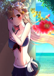 Rule 34 | 1girl, against wall, alternate costume, amagami (makise tsubaki), beach, bikini, bikini skirt, black ribbon, blonde hair, blue sky, blurry, blurry foreground, blush, braid, breasts, cleavage, cloud, collarbone, day, front-tie bikini top, front-tie top, groin, hair flaps, hair ornament, hair ribbon, hairclip, highres, kantai collection, large breasts, long hair, looking at viewer, ocean, outdoors, palm leaf, red eyes, ribbon, sand, shade, side braid, sidelocks, sky, smile, solo, standing, stomach, swimsuit, yuudachi (kancolle), yuudachi kai ni (kancolle)