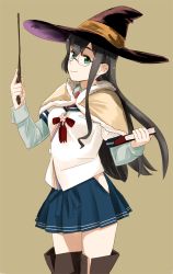 Rule 34 | 10s, 1girl, bad id, bad twitter id, black hair, book, capelet, glasses, hat, hip vent, kantai collection, long hair, ojipon, ooyodo (kancolle), school uniform, serafuku, skirt, solo, thighhighs, wand, witch hat, zettai ryouiki
