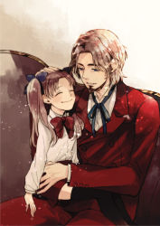 Rule 34 | 1boy, 1girl, age difference, aged down, black thighhighs, blue eyes, brown hair, child, dethmath, facial hair, fate/zero, fate (series), father and daughter, formal, goatee, hair ribbon, long hair, ribbon, suit, thighhighs, tohsaka rin, tohsaka tokiomi, twintails
