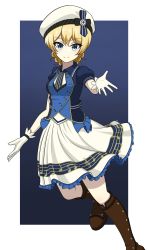 Rule 34 | 1girl, absurdres, beret, black footwear, blonde hair, blouse, blue background, blue eyes, blue shirt, boots, braid, closed mouth, collared shirt, commentary, cosplay, darjeeling (girls und panzer), dutch angle, frilled skirt, frills, girls und panzer, hat, hat ribbon, highres, idol, idolmaster, idolmaster million live!, kano (nakanotakahiro1029), knee boots, looking at viewer, medium skirt, musical note, musical note print, outside border, print skirt, puffy short sleeves, puffy sleeves, realistic, ribbon, sakuramori kaori, sakuramori kaori (cosplay), sheet music, shirt, short hair, short sleeves, skirt, smile, solo, standing, twin braids, white hat, white skirt