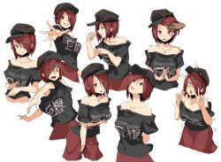 Rule 34 | 1girl, ahegao, black shirt, blush, breasts, brown headwear, closed mouth, clothes writing, collarbone, commentary request, cookie (touhou), curled fingers, double v, english text, eyes visible through hair, gloom (expression), grin, hair between eyes, hair lift, hair over one eye, hat, hecatia lapislazuli, ktgijgkgdusimn (cookie), large breasts, looking at viewer, looking to the side, looking up, multiple girls, multiple views, off-shoulder shirt, off shoulder, open mouth, own hands together, red eyes, red skirt, shirt, short hair, simple background, skirt, smile, sy4, touhou, upper body, v, white background