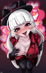 Rule 34 | ahegao, animal ears, baphomet (grizz), blush, breasts, cleavage, convenient censoring, demon girl, drooling, fedora, flashing, gloves, gmg, goat ears, goat eyes, goat girl, hat, heart, helltaker, highres, hime cut, horns, jacket, large breasts, long hair, open clothes, open jacket, pentagram, pinstripe pattern, red eyes, sparkle, sparkle background, striped, very long hair