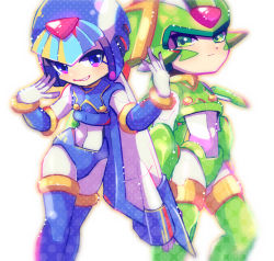 Rule 34 | 1boy, 1girl, android, blue eyes, blush, boots, capcom, character name, facial mark, feet out of frame, gloves, green eyes, helmet, inti creates, looking at viewer, looking to the side, midriff, mega man (series), mega man zero (series), simple background, narrow waist, smile, standing, thigh boots, thighhighs, white background, white gloves, yukiwarosi1953