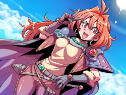 Rule 34 | 1girl, antenna hair, blush, breasts, cape, cloud, cowboy shot, day, earrings, fang, gloves, groin, hand up, happy, highres, hoop earrings, jewelry, legs, lina inverse, long hair, looking at viewer, medium breasts, necklace, orange hair, outdoors, pearl necklace, red eyes, sash, shirt, shoulder pads, sky, slayers, smile, solo, standing, thighs, tukiwani, v, yellow shirt