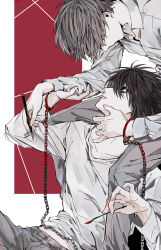 Rule 34 | 2boys, absurdres, bad id, bad pixiv id, bags under eyes, black hair, brown hair, chained wrists, cradling head, cuffs, death note, hair over eyes, handcuffs, highres, holding, holding pen, holding spoon, l (death note), looking down, male focus, mouth hold, multiple boys, nib pen (object), nigelungdayo, pen, spoon, yagami light, yaoi