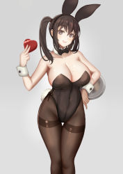 Rule 34 | 1girl, ai gon deroga, animal ears, black bow, black bowtie, black leotard, black pantyhose, bow, bowtie, breasts, cleavage, commentary request, detached collar, fake animal ears, grey background, heart, highleg, highleg leotard, large breasts, leotard, looking at viewer, mole, mole on breast, original, pantyhose, playboy bunny, rabbit ears, rabbit tail, simple background, solo, standing, tail, thigh gap, thighband pantyhose, tray, wrist cuffs