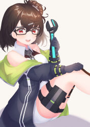 Rule 34 | 1girl, absurdres, asymmetrical legwear, azur lane, black gloves, blue coat, breasts, brown hair, coat, collared shirt, elegant (sumisumi4268), glasses, gloves, hair between eyes, hair ornament, hairclip, highres, ingraham (azur lane), looking at viewer, medium breasts, medium hair, messy hair, open clothes, open coat, open mouth, red eyes, shirt, shorts, simple background, sitting, smile, solo, white background, wrench