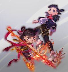 Rule 34 | 2boys, black hair, black legwear, blue eyes, blunt bangs, camouflage, camouflage shorts, double bun, fire, grey background, hair bun, historical name connection, long sleeves, lorein, luo xiaohei zhanji, multiple boys, name connection, nezha, nezha (the legend of luoxiaohei), nezha zhi motong jiangshi, pantyhose, pantyhose under shorts, parted lips, polearm, red eyes, shoes, shorts, smile, spear, weapon