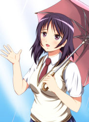 Rule 34 | atsuko (minami-ke), black hair, diesel-turbo, minami-ke, purple eyes, school uniform, short hair, solo, sweater vest, umbrella