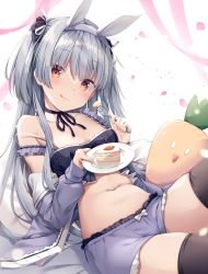 Rule 34 | 1girl, :q, absurdres, animal ears, bare shoulders, black choker, black shirt, black thighhighs, breasts, cake, cake slice, choker, closed mouth, crop top, fake animal ears, food, frilled shirt, frills, grey hair, grey jacket, grey shorts, hair ribbon, hairband, highres, jacket, kinokomushi, long hair, long sleeves, looking at viewer, lying, medium breasts, midriff, navel, off shoulder, on back, open clothes, open jacket, original, plate, rabbit ears, reclining, red eyes, ribbon, ribbon choker, shirt, short shorts, shorts, skindentation, sleeveless, sleeveless shirt, smile, solo, stomach, strap slip, thighhighs, thighs, tongue, tongue out, two side up