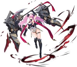Rule 34 | 1girl, armpits, axe, azur lane, bare shoulders, battle axe, black bow, black footwear, boots, bow, breasts, cleavage, cleavage cutout, clothing cutout, dress, fingerless gloves, full body, gloves, glowing, glowing eyes, gluteal fold, gold trim, hair ornament, highres, holding, holding axe, la galissonniere (azur lane), large breasts, long hair, looking at viewer, navel, no panties, official art, pink eyes, red ribbon, ribbon, rigging, skindentation, sleeveless, sleeveless dress, solo, suisai (suisao), thigh strap, thighs, transparent background, turret, weapon, white dress