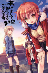 Rule 34 | 10s, 2012, 3girls, :d, akeome, black hair, blue scarf, cloud, coat, hand in pocket, happy new year, hood, hoodie, michi, multiple girls, new year, open mouth, orange scarf, original, red hair, scarf, shrine, skirt, sky, smile, stone lantern, striped clothes, striped scarf, sweater, twintails, yellow eyes