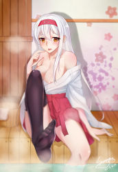 Rule 34 | 10s, 1girl, 2016, absurdres, artist name, bare shoulders, bath, black thighhighs, blush, breasts, bucket, cleavage, dated, door, feet, foreshortening, hairband, hakama, hakama skirt, highres, japanese clothes, kantai collection, large breasts, leg up, long hair, looking at viewer, nipple slip, nipples, nontraditional miko, orange eyes, pomie de sunny, shoukaku (kancolle), signature, sitting, skirt, soles, solo, steam, thighhighs, toes, tongue, tongue out, white hair, wooden floor