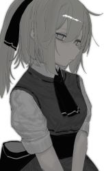 Rule 34 | 1girl, atkm2, bow, closed mouth, dress, empty eyes, grey hair, greyscale, hair bow, highres, long hair, looking at viewer, monochrome, necktie, original, pale color, pale skin, ponytail, sash, short sleeves, simple background, solo, upper body, vest, white background