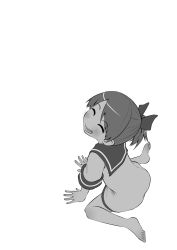 Rule 34 | 1girl, absurdres, barefoot, commentary request, dress, greyscale, hair ribbon, hands on floor, highres, kantai collection, long hair, looking at viewer, monochrome, on floor, ponytail, ribbon, sailor collar, sailor dress, shikinami (kancolle), short sleeves, smile, white background, yonemiya inaho