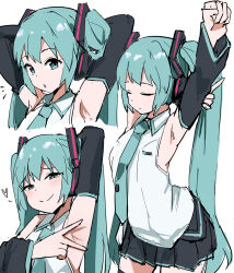 Rule 34 | 1girl, aqua eyes, aqua hair, aqua necktie, arm up, armpits, arms behind head, black skirt, blush, closed eyes, commentary, detached sleeves, hatsune miku, heart, highres, long hair, looking at viewer, miniskirt, multiple views, naughty face, necktie, notice lines, presenting armpit, shirt, simple background, skirt, sleeveless, sleeveless shirt, smile, stretching, tenten (chan4545), twintails, v, very long hair, vocaloid, white background, white shirt