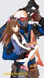 Rule 34 | 1boy, 1girl, absurdres, adapted costume, aged down, ammunition, ammunition belt, artist name, assault rifle, blue dress, brown eyes, brown hair, carrying, charm (object), copyright name, d.va (overwatch), dress, energy gun, facepaint, facial mark, fatherly, finger on trigger, gloves, grey background, gun, hair ornament, handgun, highres, holding, holding gun, holding weapon, holster, jacket, long hair, long sleeves, mask, mouth mask, over shoulder, overwatch, overwatch 1, pants, pistol, red gloves, rifle, sheath, sheathed, short hair, signature, simple background, sketch, sleeveless, sleeveless dress, slippers, soldier: 76 (overwatch), thigh holster, visor, weapon, weapon over shoulder, whisker markings, white hair