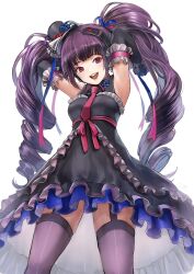 Rule 34 | 1girl, another eden, armpits, arms behind head, black dress, black hat, blue flower, blue ribbon, blue rose, blunt bangs, breasts, cowboy shot, curly hair, detached sleeves, dress, dress flower, drill hair, flower, frilled dress, frills, garter straps, grey thighhighs, hair ribbon, hat, highres, komugiko no mori, long hair, medium breasts, mini hat, necktie, open mouth, pink eyes, purple hair, red necktie, ribbon, rose, sleeveless, sleeveless dress, smile, solo, suzette (another eden), teeth, thighhighs, twin drills, upper teeth only, white background