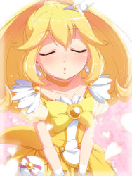 Rule 34 | 10s, 1girl, blonde hair, blush, bow, cure peace, earrings, closed eyes, hair flaps, hair ornament, heart, incoming kiss, jewelry, kise yayoi, magical girl, natsumi akira, precure, skirt, smile precure!, solo, wide ponytail, yellow bow, yellow skirt, yellow theme