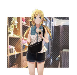 Rule 34 | 1girl, ahoge, bag, bare arms, bare shoulders, black shorts, blonde hair, blue eyes, bottle, casual, chair, closed mouth, collarbone, cup, disposable cup, drinking straw, hachimiya meguru, hair ornament, hairclip, holding, holding cup, idolmaster, idolmaster shiny colors, jewelry, long hair, looking away, low twintails, necklace, plant, polka dot, potted plant, sakeharasu, shirt, short shorts, shorts, shoulder bag, sleeveless, sleeveless shirt, solo, standing, thighs, twintails, white shirt, wine bottle