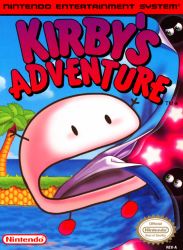 Rule 34 | 1boy, arms up, awd!, blue sky, blush, colored skin, commentary, company name, copyright name, cover, english commentary, english text, kirby, kirby&#039;s adventure, kirby (series), midair, nintendo, open mouth, parody, pink skin, sky, solid oval eyes, star (symbol), style parody, suga hiroaki (style), tree, video game cover, water