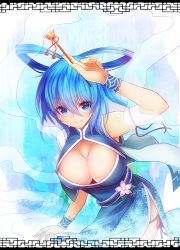 Rule 34 | 1girl, blue dress, blue eyes, blue hair, breasts, china dress, chinese clothes, cleavage, cleavage cutout, clothing cutout, dress, hair ornament, hair rings, hair stick, kaku seiga, large breasts, looking at viewer, shawl, short hair, side slit, smile, solo, touhou, wrist cuffs, z.o.b