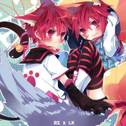Rule 34 | 1boy, alternate costume, animal ears, ao jun, bad id, bad pixiv id, bandages, bell, blush, cat boy, cat ears, cat tail, chain, choker, dual persona, elsword, elsword (character), kemonomimi mode, male focus, red eyes, red hair, ribbon, sailor collar, shoes, smile, solo, striped clothes, striped thighhighs, tail, thighhighs