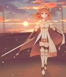 Rule 34 | 1girl, arm guards, armor, artist logo, artist name, bad id, bad pixiv id, black thighhighs, breastplate, cape, celica (fire emblem), cloud, cloudy sky, detached collar, dress, earrings, fingerless gloves, fire emblem, fire emblem echoes: shadows of valentia, gloves, hair ornament, headband, highres, jewelry, long hair, nintendo, red armor, red eyes, red hair, skirt, sky, smile, solo, sparkle background, strapless, strapless dress, sun, sunset, sword, tcong, thighhighs, tiara, weapon, white armor, white dress, zettai ryouiki