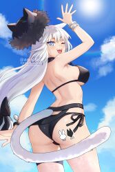 1girl absurdres anecokgm animal_ears arm_up ass bangle bikini black_bikini black_hat blue_eyes blue_sky bracelet breasts cat_ears cat_girl cat_tail cloud day dobrynya_nikitich_(fate) dobrynya_nikitich_(swimsuit_lancer)_(fate) dobrynya_nikitich_(swimsuit_lancer)_(first_ascension)_(fate) fate/grand_order fate_(series) fur-trimmed_headwear fur_hat fur_trim hat highres jewelry large_breasts long_hair looking_at_viewer looking_back one_eye_closed open_mouth side-tie_bikini_bottom sky solo swimsuit tail teeth thigh_strap twitter_username upper_teeth_only very_long_hair wet white_hair