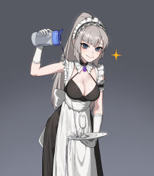 Rule 34 | 1girl, absurdres, apron, arm garter, arm up, blue eyes, borrowed character, breasts, cleavage, closed mouth, detached collar, dress, frills, gloves, grey background, hellk111, highres, holding, holding plate, looking at viewer, maid, maid (gogalking), maid apron, maid headdress, medium breasts, original, plate, pouring, silver hair, smile, solo, standing, white gloves