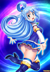 Rule 34 | 1girl, aqua (konosuba), artist name, ass, asymmetrical bangs, blue eyes, blue footwear, blue hair, blue shirt, blue skirt, blue thighhighs, blurry, blurry background, blush, boots, breasts, commentary, covered erect nipples, detached sleeves, english commentary, from behind, from side, gold trim, hair ornament, hair rings, high heels, highres, kono subarashii sekai ni shukufuku wo!, leg up, long hair, looking at viewer, looking back, medium breasts, no panties, open mouth, outline, outstretched arms, shiny clothes, shiny skin, shirt, skirt, solo, tenzen (netspike), thigh boots, thighhighs, very long hair, white outline