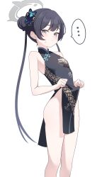 Rule 34 | ..., 1girl, absurdres, bare shoulders, black dress, black hair, blue archive, blush, breasts, butterfly hair ornament, china dress, chinese clothes, closed mouth, clothes lift, commentary request, dragon print, dress, dress lift, grey eyes, grey halo, hair bun, hair ornament, halo, highres, kisaki (blue archive), lifting own clothes, long hair, looking at viewer, no panties, nonddu, pelvic curtain, print dress, simple background, sleeveless, sleeveless dress, small breasts, solo, sweatdrop, twintails, white background