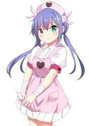 Rule 34 | &gt; &lt;, 1girl, apron, bandaged arm, bandages, blue eyes, blue hair, breasts, closed mouth, collared shirt, commentary request, cosplay, hair between eyes, hair ornament, hat, heart, highres, holding, holding syringe, koisuru asteroid, kousaka nobaku, looking at viewer, manaka ao, natori sana, natori sana (cosplay), nurse cap, pink apron, pink hat, pleated skirt, puffy short sleeves, puffy sleeves, rabbit hair ornament, sana channel, shirt, short sleeves, simple background, skirt, small breasts, solo, syringe, twintails, virtual youtuber, wavy mouth, white background, white shirt, white skirt
