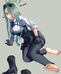 Rule 34 | 1girl, aona (anagasaki), artist name, black footwear, black gloves, black necktie, blue archive, blush, boots, braid, breasts, eyewear on head, full body, gloves, green hair, green halo, grey background, hair between eyes, hair over one eye, halo, hand on floor, highres, long bangs, long hair, long sleeves, looking at viewer, medium breasts, mina (blue archive), necktie, no shoes, pants, parted bangs, pink eyes, ponytail, shirt, solo, sunglasses, teeth, thigh strap, tight clothes, tight pants, twitter username, white shirt