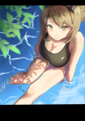 Rule 34 | 10s, 1girl, black one-piece swimsuit, breasts, brown hair, brown one-piece swimsuit, cleavage, closed mouth, collarbone, flipped hair, from above, green eyes, headgear, kantai collection, large breasts, leaf, letterboxed, looking at viewer, misumi (niku-kyu), mutsu (kancolle), one-piece swimsuit, partially submerged, shiny clothes, short hair, sitting, smile, swimsuit, water, wet