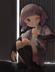 Rule 34 | 1girl, arm warmers, blunt bangs, blush, commentary request, curtains, door, finger to mouth, grey skirt, grin, highres, index finger raised, kantai collection, looking at viewer, one eye closed, ooshio (kancolle), pleated skirt, purple eyes, purple hair, shirt, short sleeves, sitting, skirt, smile, socks, solo, suspender skirt, suspenders, thick eyebrows, tsuzuri (tu-san house), white shirt