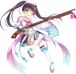 Rule 34 | 1girl, antique firearm, artist request, asymmetrical sleeves, black hair, firearm, firelock, flintlock, full body, green eyes, gun, hair ornament, holding, holding gun, holding weapon, long hair, misaki (oshiro project), mismatched sleeves, official art, one eye closed, oshiro project:re, oshiro project:re, pleated skirt, simple background, skirt, solo, thighhighs, transparent background, twintails, weapon