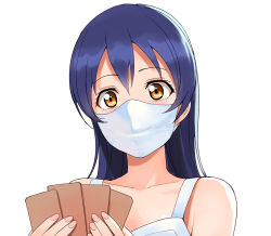 Rule 34 | 1girl, a1 (initial-g), blue hair, card, casual, commentary request, facial mask, long hair, love live!, love live! school idol project, mask, mouth mask, playing card, playing games, simple background, solo, sonoda umi, tank top, upper body, white background, white tank top, yellow eyes