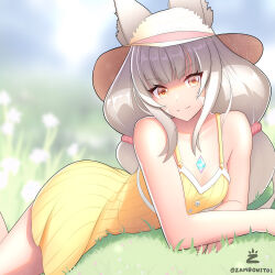 Rule 34 | 1girl, absurdres, animal ear fluff, animal ears, breasts, cleavage, grey hair, hat, highres, long hair, looking at viewer, nia (blade) (xenoblade), nia (fancy sundress) (xenoblade), nia (xenoblade), outdoors, skirt, small breasts, solo, straw hat, xenoblade chronicles (series), xenoblade chronicles 2, yellow eyes, yellow skirt, zambonito