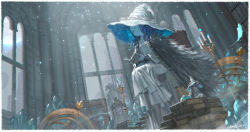 Rule 34 | 1boy, 1girl, alphonse (white datura), birdcage, blaidd the half-wolf, blue hair, blue skin, book, cage, candlestand, cloak, colored skin, crystal, dated, elden ring, extra faces, fur cloak, hat, highres, holding, holding book, large hat, long hair, miniature ranni, ranni the witch, reading, signature, sitting, solo focus, witch, witch hat