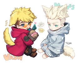 Rule 34 | 2boys, :3, :p, animal ears, aqua eyes, bag, barefoot, black pants, blonde hair, blue eyes, brothers, bullet, cat, cat boy, cat ears, cat tail, character name, chibi, clothing cutout, coat, colored eyelashes, commentary, dog, dog boy, dog ears, dog tail, doughnut, extra ears, finger heart, food, from side, frown, full body, glasses, heart, holding, holding bag, hood, hood down, hooded coat, hooded robe, knife, long sleeves, looking at viewer, looking to the side, male focus, millions knives, mole, mole under eye, multiple boys, orange-tinted eyewear, pants, paper bag, prosthesis, prosthetic arm, raku7560, red coat, robe, short hair, siblings, sitting, spiked hair, symbol-only commentary, tail, tail through clothes, tinted eyewear, tongue, tongue out, trigun, trigun stampede, twins, undercut, vash the stampede, white background, white hair