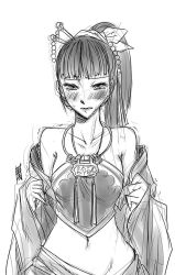 Rule 34 | 1girl, antaria, bare shoulders, blush, chinese clothes, dudou, greyscale, hair ornament, monochrome, original, signature, sketch, solo, standing, tears, trembling, undressing, white background
