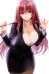 Rule 34 | 1girl, breasts, cleavage, engo (aquawatery), fate/grand order, fate (series), formal, gae bolg (fate), hair intakes, holding, holding pointer, large breasts, lipstick, long hair, long sleeves, makeup, pencil skirt, pointer, purple hair, red eyes, scathach (fate), simple background, skirt, skirt suit, solo, suit, teacher