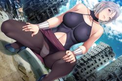 Rule 34 | 1girl, bare shoulders, blush, breasts, cloud, collarbone, covered erect nipples, dutch angle, earrings, empress (studio), empress energy ectsasy, feet, game cg, grey hair, high heels, jewelry, large breasts, legs, looking at viewer, outdoors, panties, panties under pantyhose, pantyhose, sei shoujo, serious, shibamura lapis lazuli, short hair, skirt, sky, solo, squatting, thighs, underwear, yellow eyes