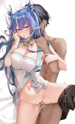Rule 34 | 1boy, 1girl, :o, arknights, bar censor, black hair, blue eyes, blue hair, blush, braid, breasts, censored, cleavage, earrings, hetero, highres, horns, jewelry, large breasts, ling (arknights), long hair, lying, nail polish, navel, on side, parted lips, penis, pointy ears, ru zhai, sex, solo focus, thighs, vaginal