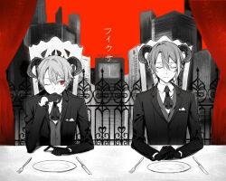 Rule 34 | 2boys, ascot, chair, closed eyes, closed mouth, collared shirt, commentary, fixer (vocaloid), fork, gloves, greyscale with colored background, horns, kamishiro rui, knife, looking at another, multicolored hair, multiple boys, one eye closed, plate, project sekai, prsk112277, red background, red eyes, shirt, sitting, smile, streaked hair, table, tenma tsukasa, upper body, vest, wing collar