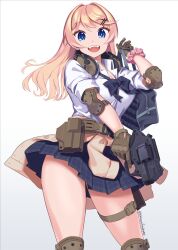 Rule 34 | 1girl, artist name, blonde hair, blue eyes, chiappa rhino, commentary, elbow pads, gloves, gun, handgun, headphones, headphones around neck, highres, holding, holding gun, holding weapon, holster, knee pads, long hair, looking at viewer, open mouth, original, revolver, smile, solo, symbol-only commentary, tactical clothes, tagme, thigh holster, trigger discipline, twitter username, weapon, white background, yukimura tsubame