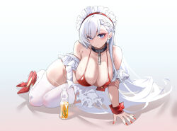 1girl absurdres apron arm_under_breasts azur_lane bare_shoulders belfast_(azur_lane) belfast_(blissful_service)_(azur_lane) bikini breasts chain chain_around_neck cleavage ct.ender full_body glass_bottle high_heels highres large_breasts long_hair looking_at_viewer maid_headdress nail_polish off_shoulder official_alternate_costume red_bikini red_footwear red_nails red_wrist_cuffs seiza shoes sitting smile solo swimsuit thighhighs unworn_shoes white_apron white_hair white_headdress white_thighhighs wrist_cuffs