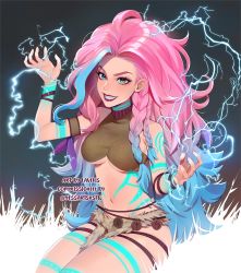 Rule 34 | 1girl, :d, armband, artist name, bare shoulders, big hair, blue eyes, blue hair, blue tattoo, braid, breasts, commentary, commission, electricity, english commentary, english text, feathers, fingernails, gradient hair, grey eyes, grin, hands up, heterochromia, large breasts, lavelis, legs together, lipstick, long hair, looking at viewer, makeup, multicolored hair, nail polish, navel, open mouth, original, pelvic curtain, pink hair, pink nails, red lips, side braids, sitting, skindentation, smile, solo, thigh gap, underboob, very long hair, wristband